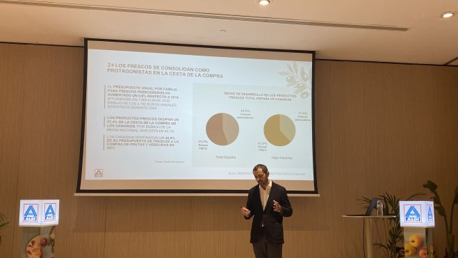 El Marketing Research Business Partner en ALDI España, Hugo Liria, explica los resultados del estudio. / Alba Marichal (AH)