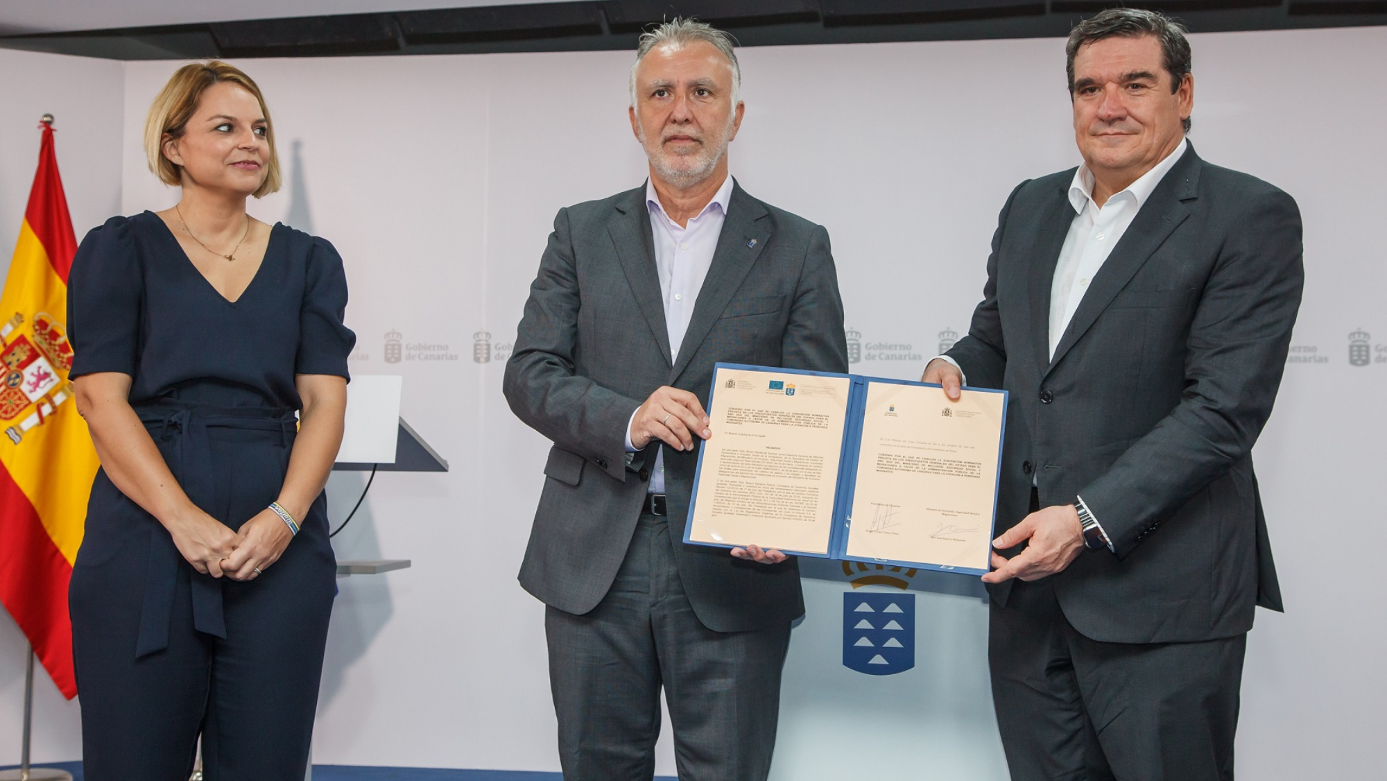 Noemí santana, Ángel Víctory el ministro José Luis Escrivá. / Gobierno de Canarias