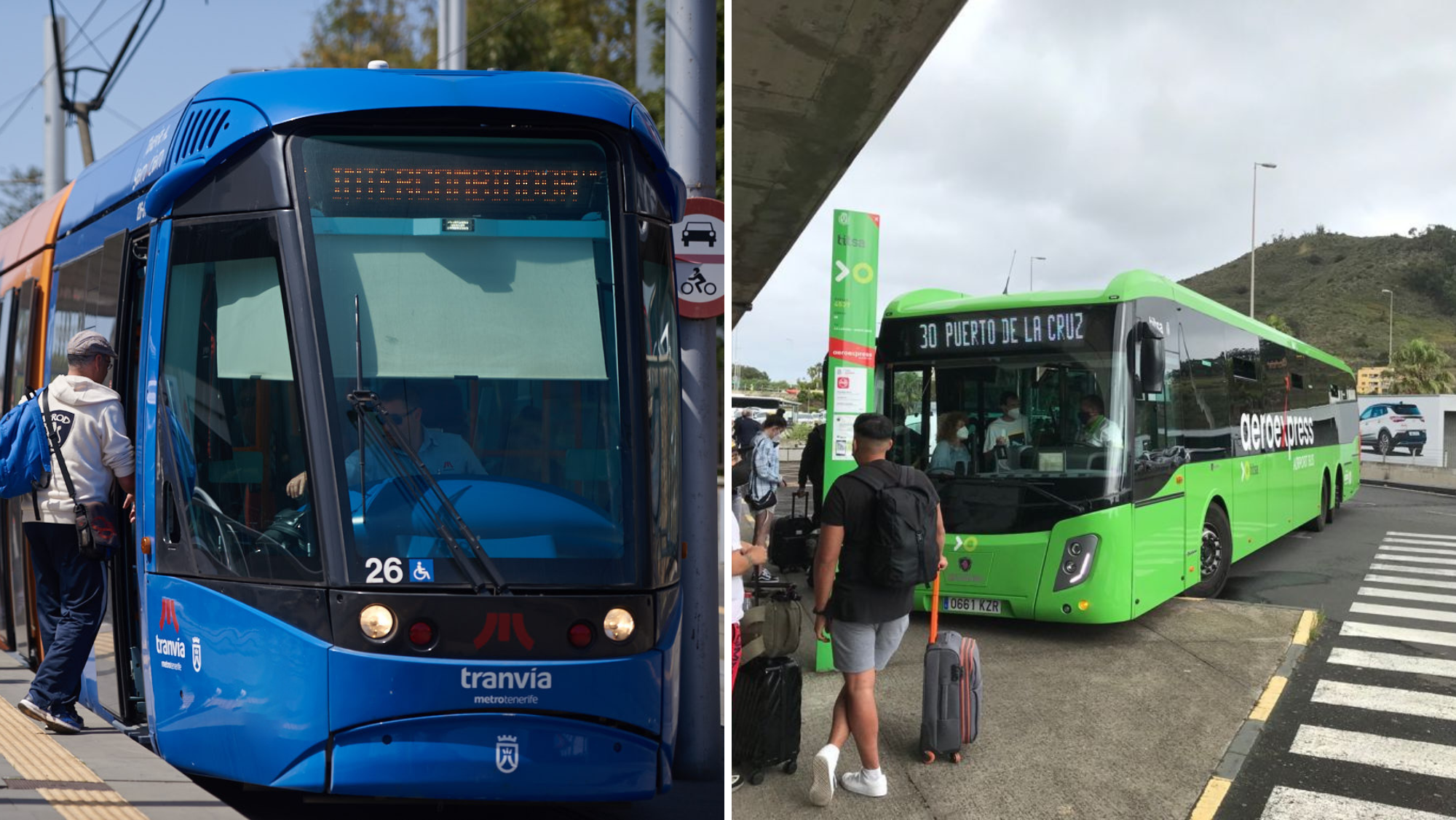 Un tranvía y una guagua del transporte público tinerfeño./ Cedida
