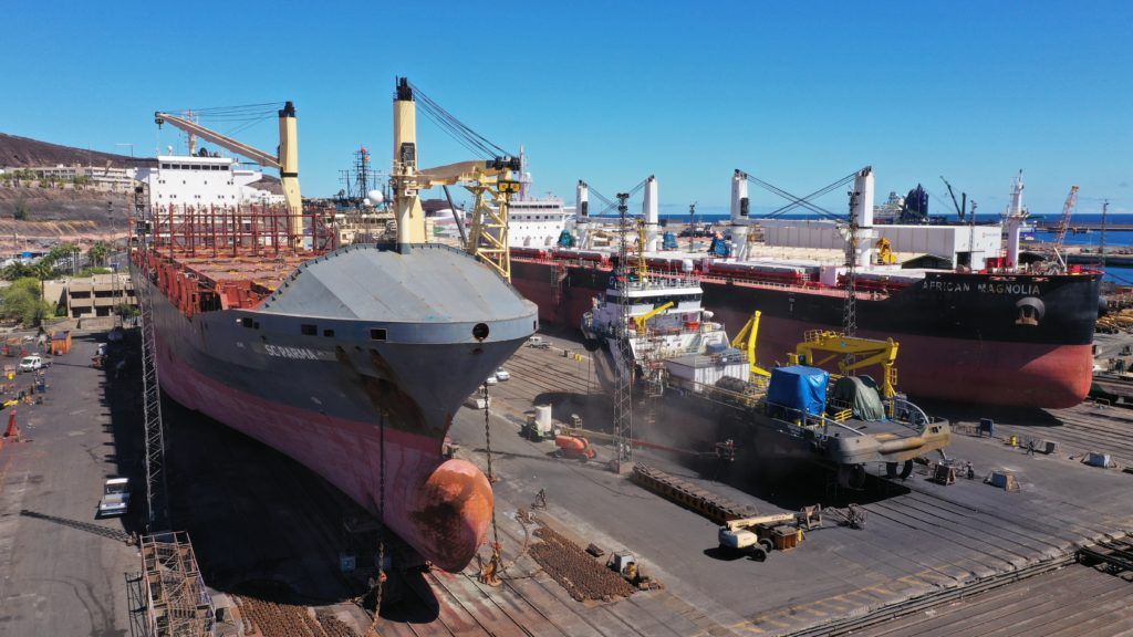 Los buques 'Peace' y 'African Magnolia', en reparación en Astican. 