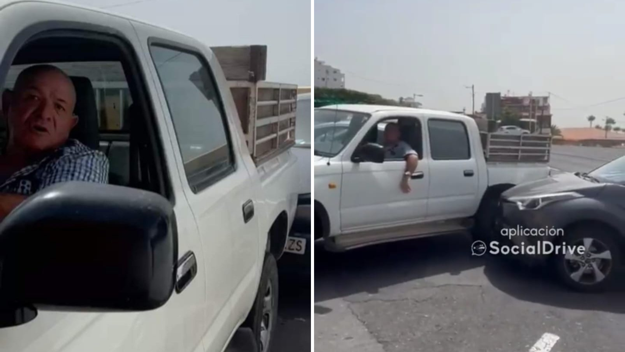 Montaje de la Toyota Hilux que arrolló a otro coche por estar en doble fila./ Montaje AH