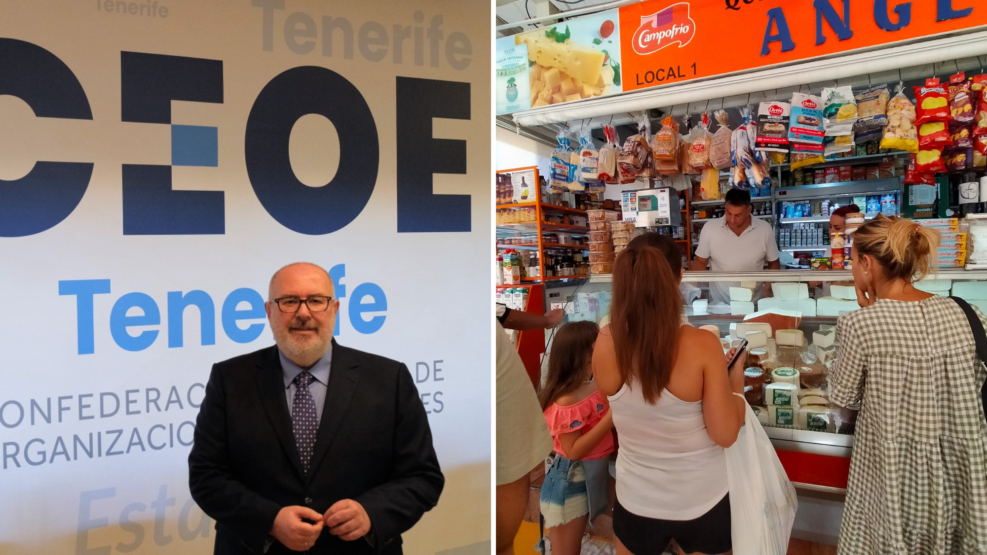 El presidente de la CEOE, Pedro Alfonso, y un grupo de personas comprando en el mercado de La Laguna. / Atlántico Hoy