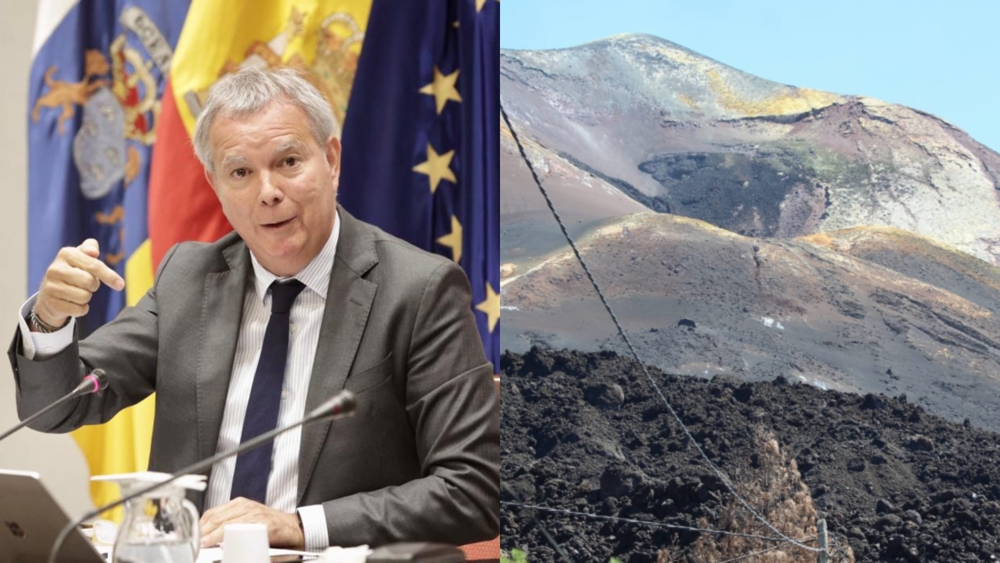 El consejero de Obras Públicas, Transportes y Vivienda del Gobierno de Canarias, Sebastián Franquis, y una imagen del volcán de La Palma. / Gobierno de Canarias - Álvaro Oliver (AH)