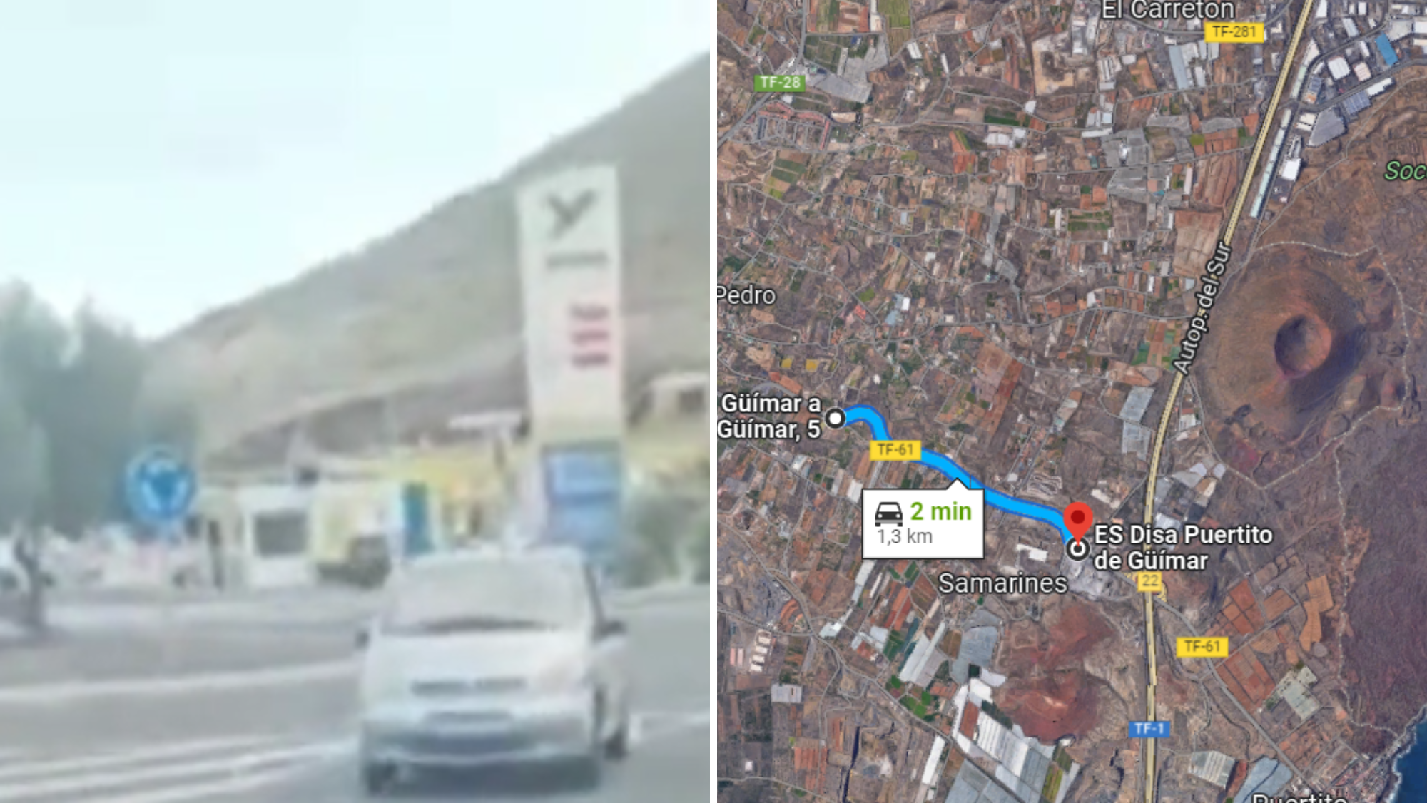 Recorrido que realizó el conductor marcha atrás por la carretera del Puertito de Güímar./ Montaje AH