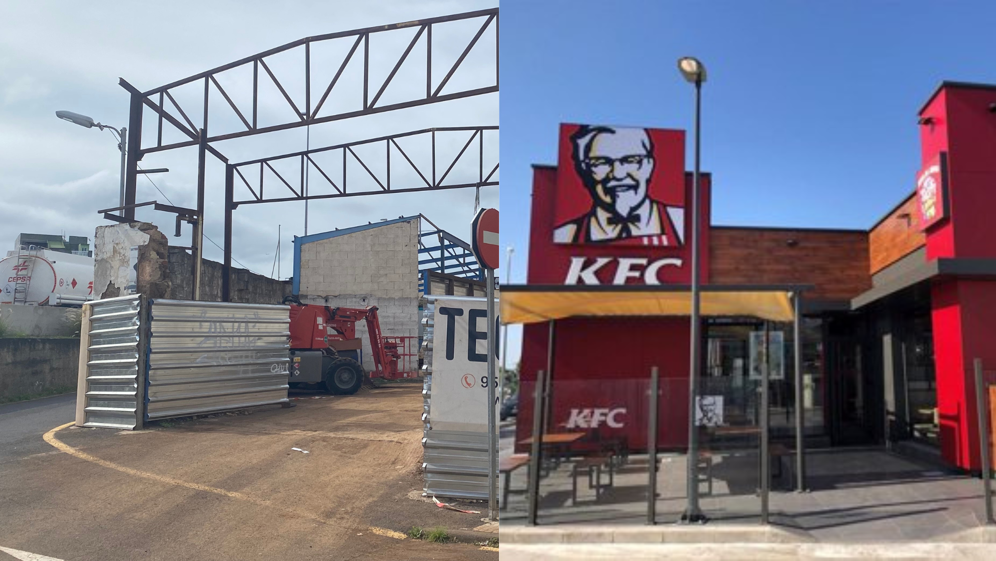Imagen de la construcción del KFC de La Laguna y un restaurante ya en funcionamiento. / Montaje AH Imagen de la construcción del KFC de La Laguna y un restaurante ya en funcionamiento. / Montaje AH