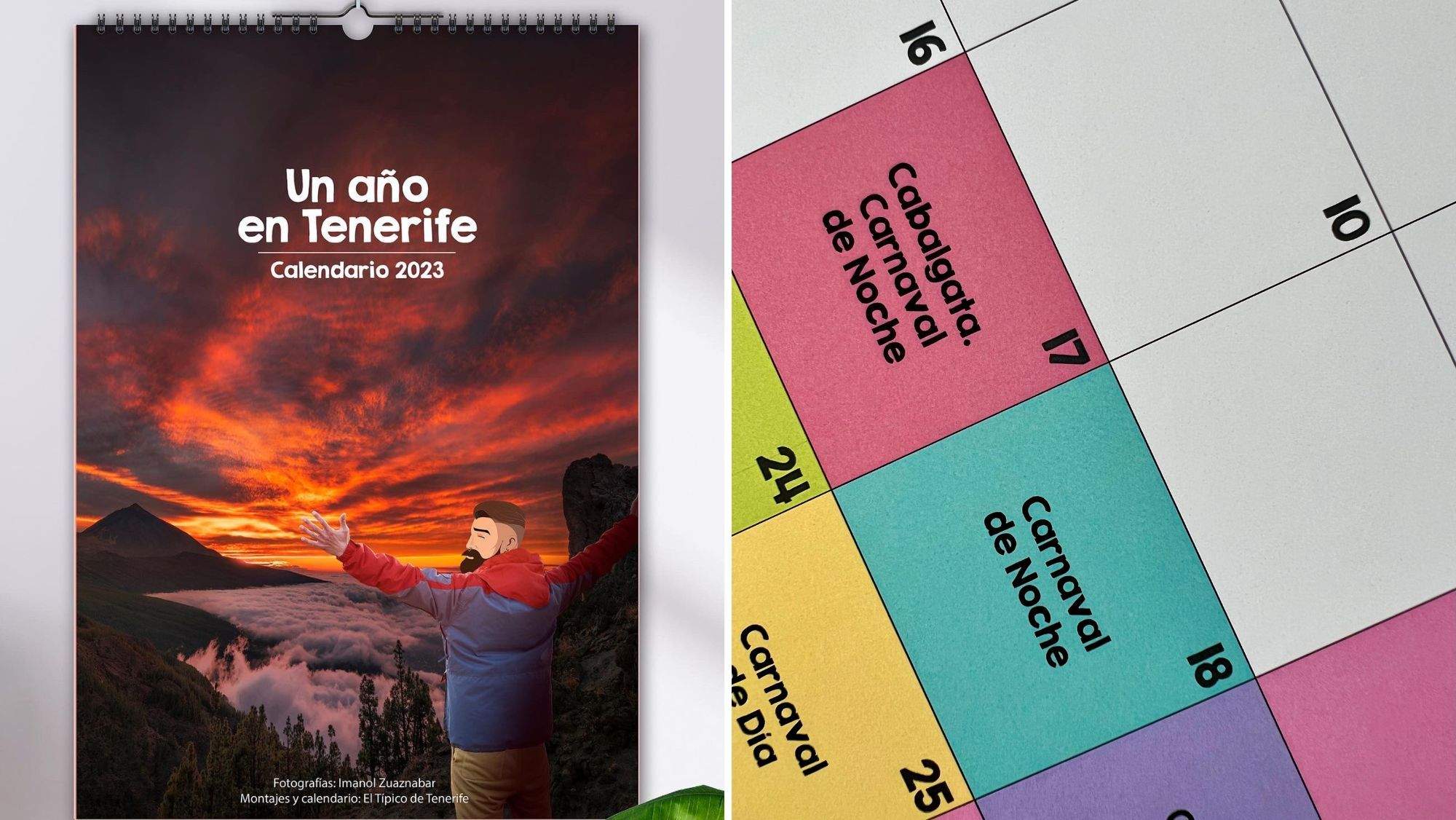 Portada del calendario 'Un año en Tenerife' y una imagen del mismo calendario. / @Eltipiquisimo / @Imanolzuaznabar