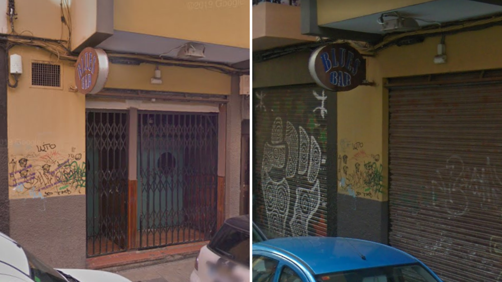 Entrada al Blues Bar con la persiana subida y bajada, en diferentes años./ Google Maps