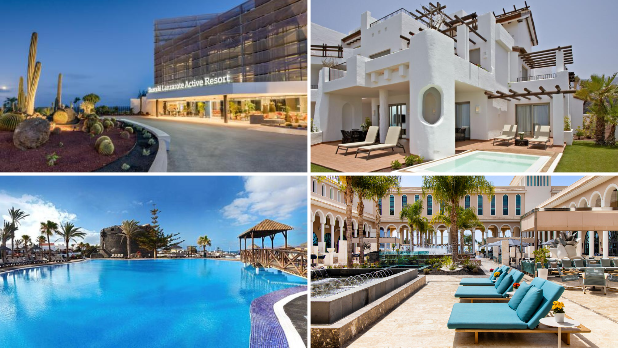 En el sentido de las agujas del reloj, los hoteles Barceló Lanzarote Active Resort, Las Terrazas de Abama Suites, el Gran Meliá Palacio de Isora y el  Barceló Fuerteventura Beach Resort./ Composición AH
