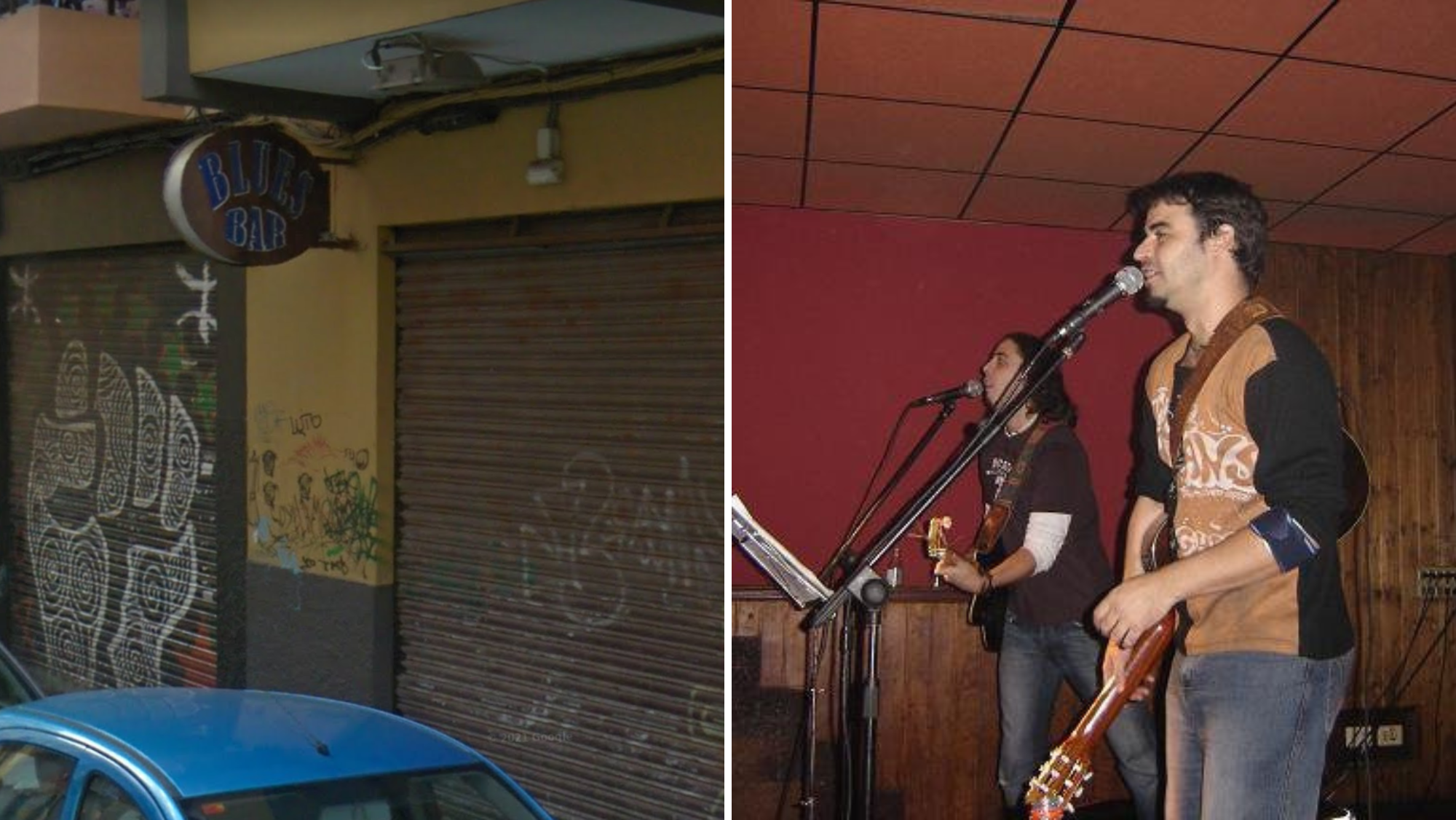 La entrada del Blues Bar y un concierto rockero en su interior./ Montaje AH