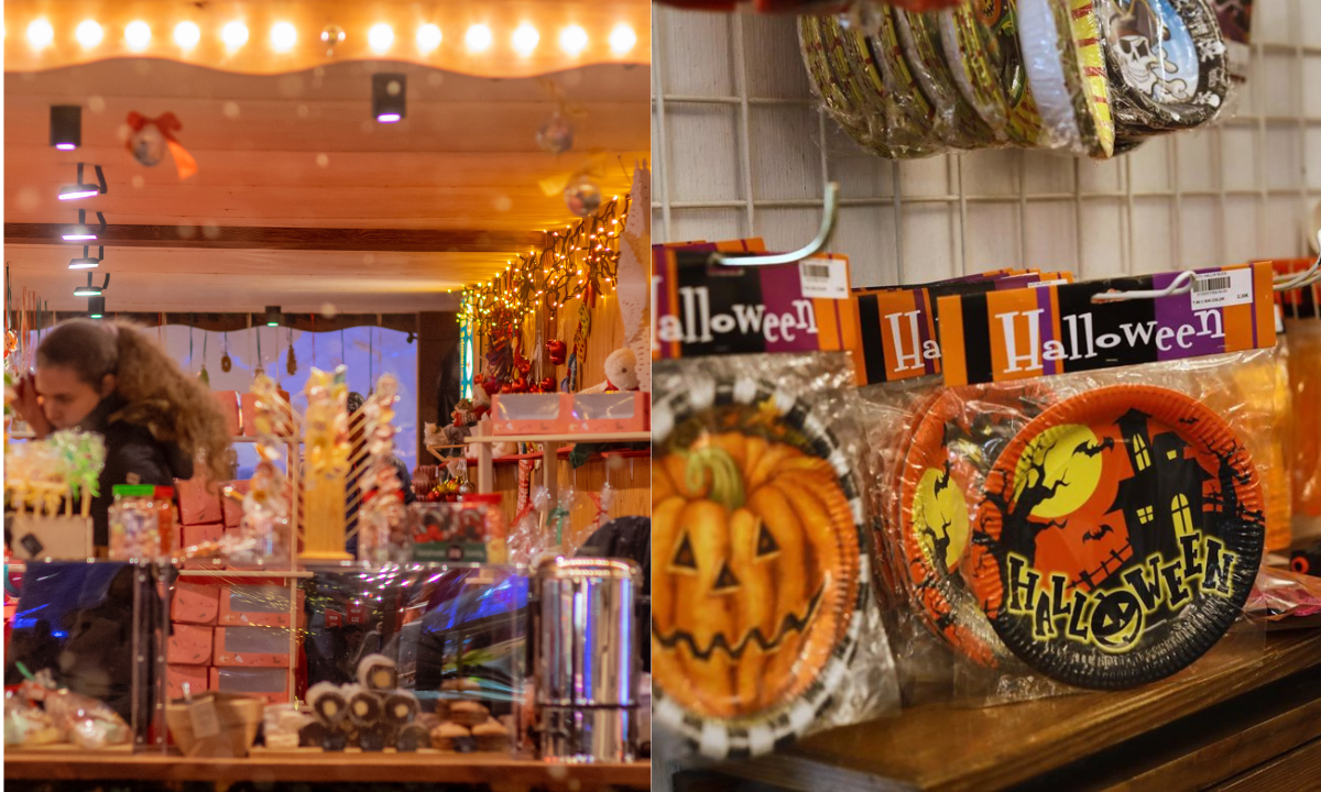 Imágenes de comercios con productos de Halloween y Navidad. / Montaje AH