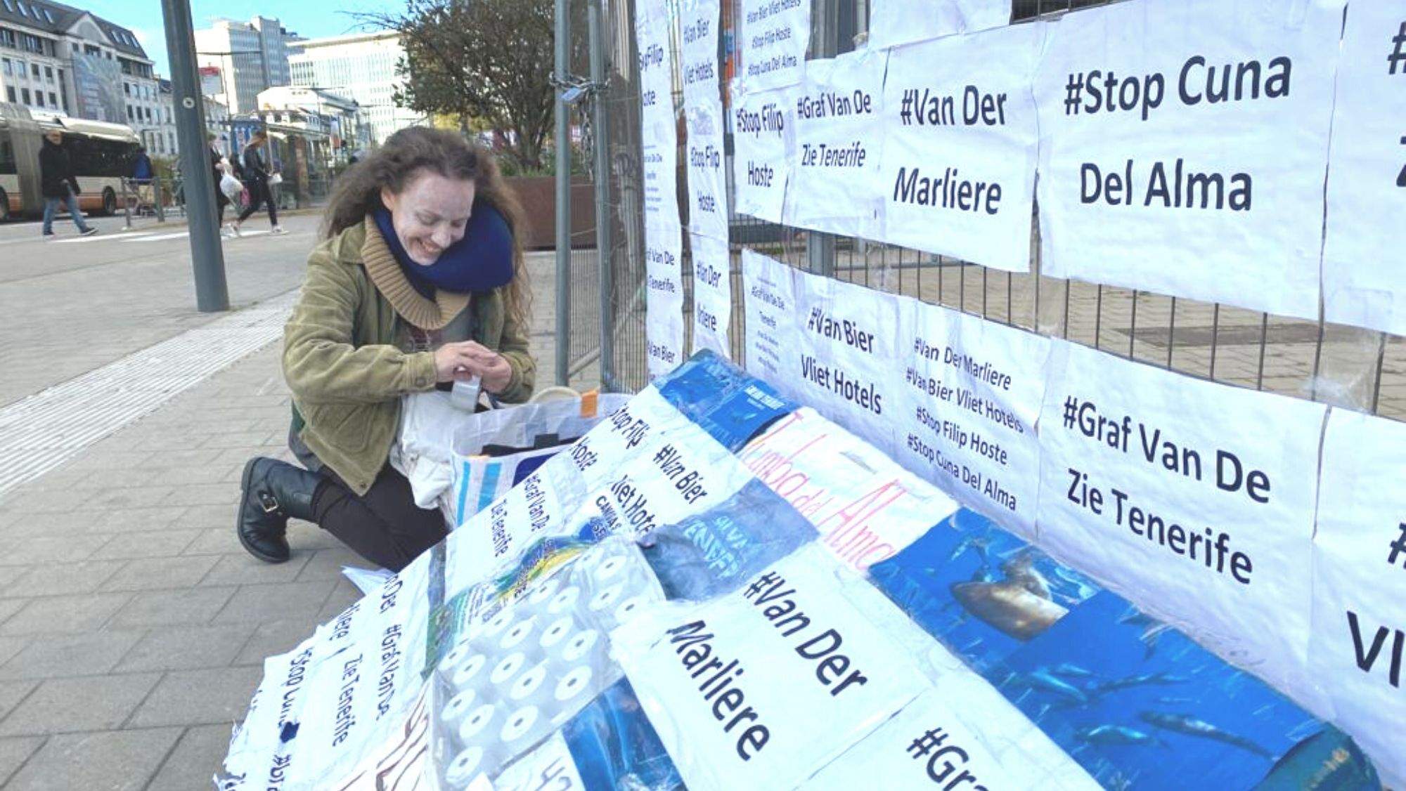 La ecologista Elena Martín Fierro termina de montar el mural contra Cuna del Alma en Bruselas. / AH La ecologista Elena Martín Fierro termina de montar el mural contra Cuna del Alma en Bruselas. / AH