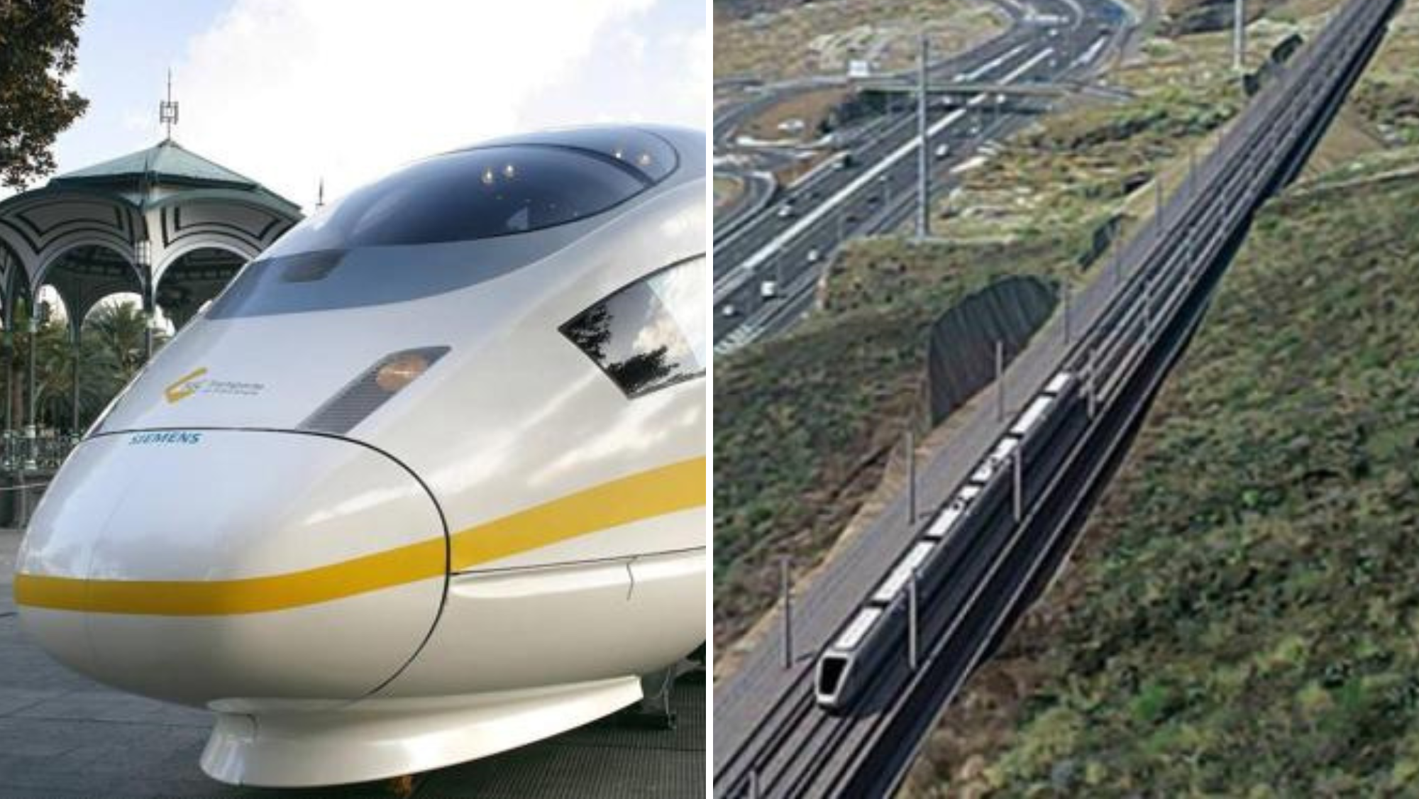 Prototipo del futuro tren de Gran Canaria y del trazado de la línea del tren del sur de Tenerife./ Archivo