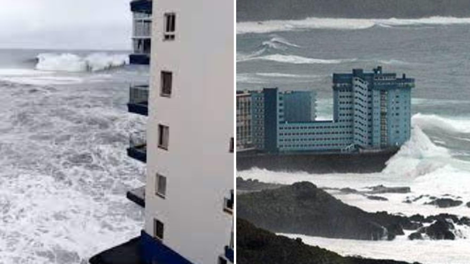 Fotograma del vídeo viral en el que se ve cómo las olas rompen balcones del edificio 'Mar y sol' y una panorámica del temporal en la zona. / Archivo