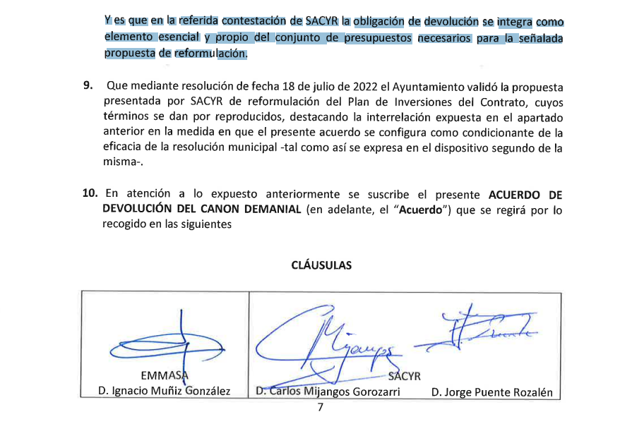 Extracto del acuerdo Santa Cruz-Sacyr en el que se reconoce que las devoluciones son parte esencial de la proyección de flujo de caja de Emmasa./