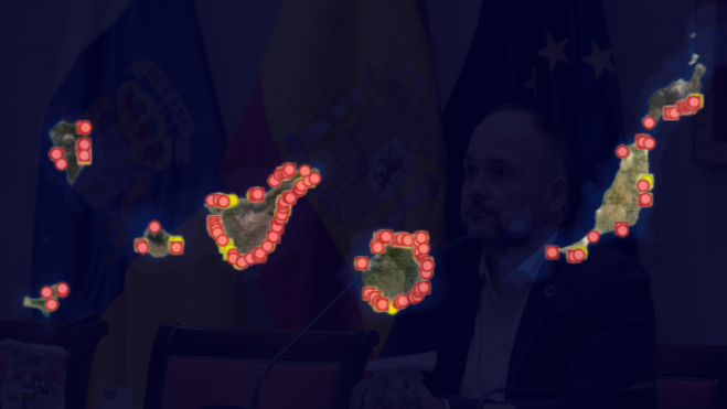 Puntos de vertidos ilegales en Canarias y el consejero de Transición Ecológica, José Antonio Valbuena, de fondo / Grafcan/Gobierno de Canarias