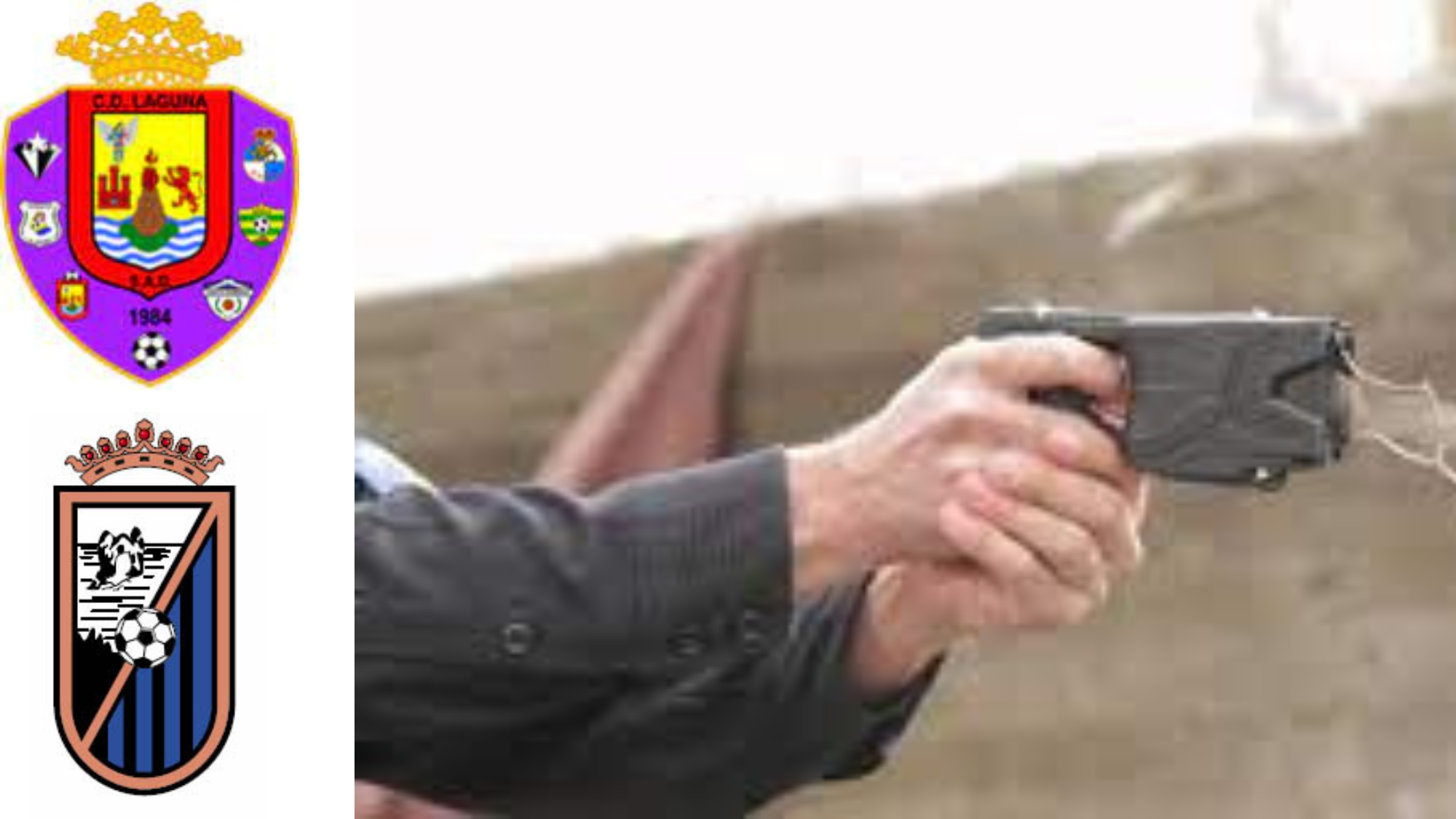 Los escudos del Laguna y el Longuera y una pistola táser./ Montaje AH
