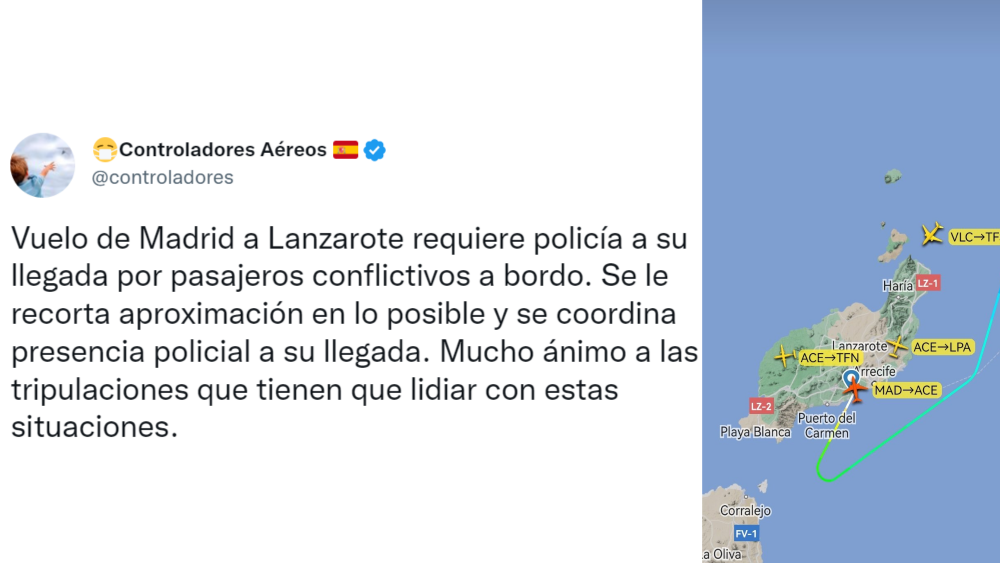 Tuit de los Controladores Aéreos sobre el avión en el que ha habido una pelea./ Twitter Tuit de los Controladores Aéreos sobre el avión en el que ha habido una pelea./ Twitter