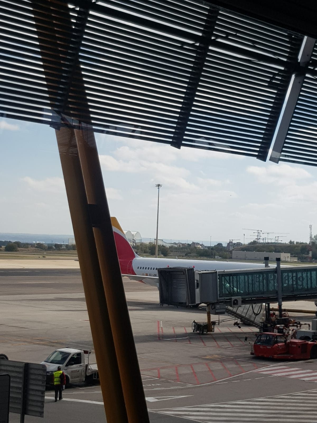 El avión de Iberia Express con matrícula EC-JDR afectado por el impacto de un ave desde una sala de embarque de Barajas./ Cedida