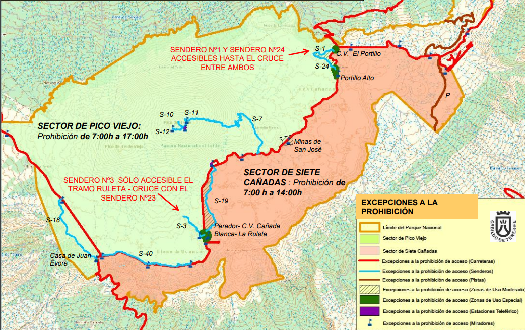 Mapa de los sectores cerrados en el Teide./ Cabildo de Tenerife Mapa de los sectores cerrados en el Teide./ Cabildo de Tenerife