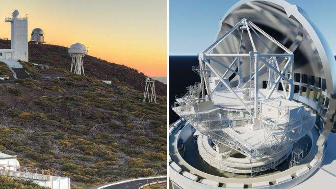 Instalaciones del Observatorio de Roque de Los Muchachos y una representación gráfica del futuro TMT. / Montaje AH