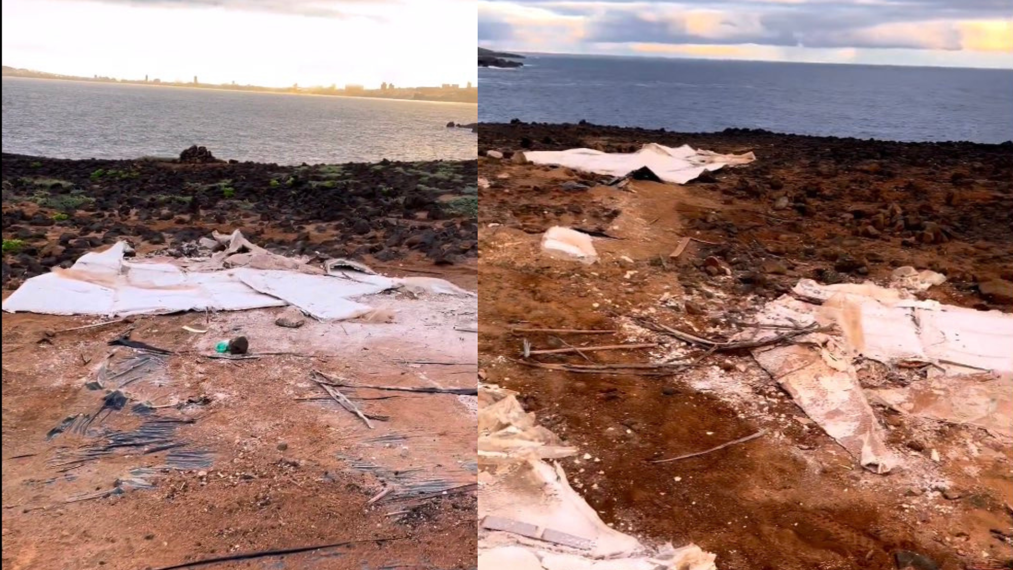 Dos imágenes de cómo ha quedado la costa de Arucas tras la grabación de la serie 'El Zorro'. / Ernesto Santana