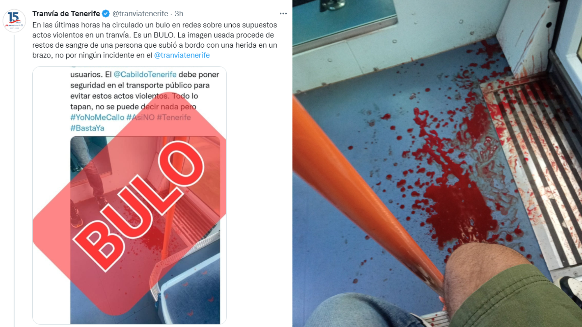 Tuit de Metrotenerife hablando sobre el bulo del charco de sangre y el propio charco./ Montaje AH