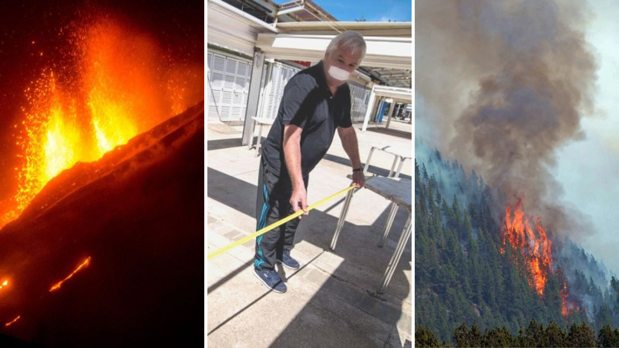 Montaje del volcán en Cumbre Vieja, la distancia social provocada por el COVID-19 y el incendio del norte de Tenerife./ AH