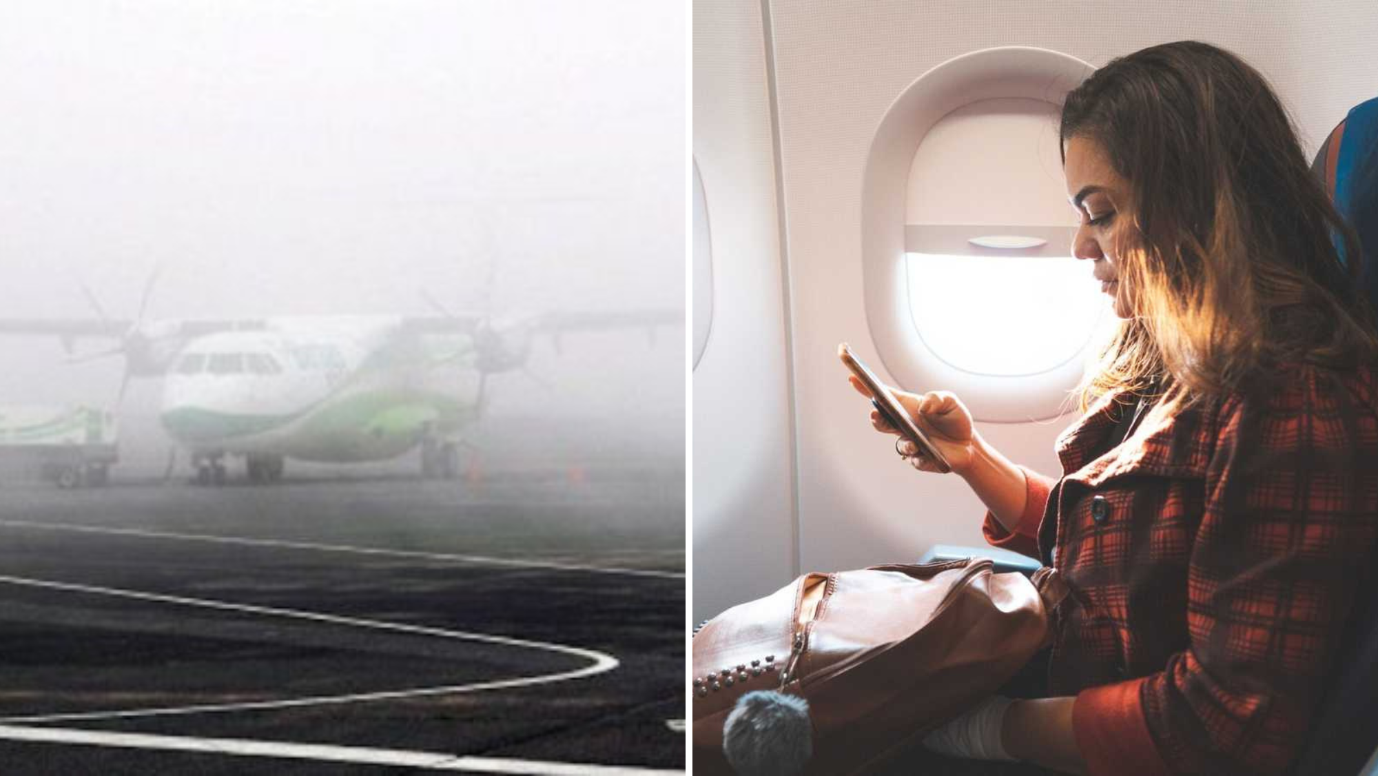 Un avión parado en Tenerife Norte con niebla y una mujer usando su smartphone desde una aeronave./ Montaje AH