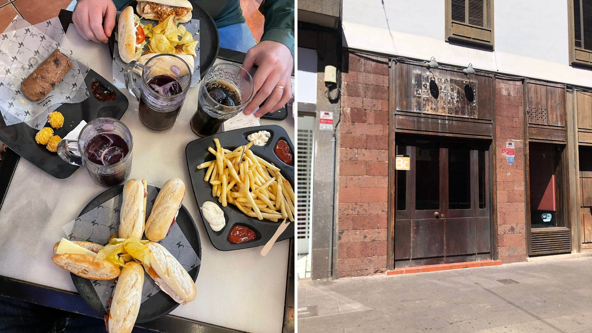 Una bandeja con montaditos y la entrada del antiguo local de 100 Montaditos en La Laguna./ Redes
