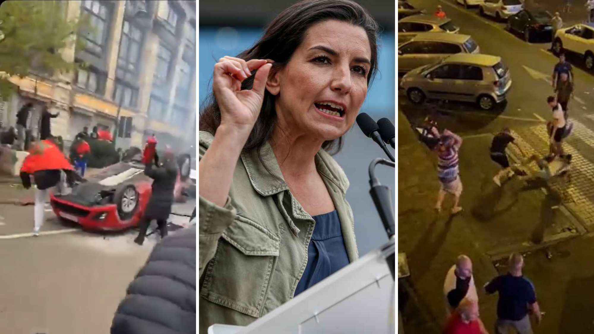 Disturbios en Bélgica tras la victoria de Marruecos (izq.), Rocío Monasterio (Vox) y la pelea entre ingleses y galeses en Tenerife (der.)./ Montaje AH