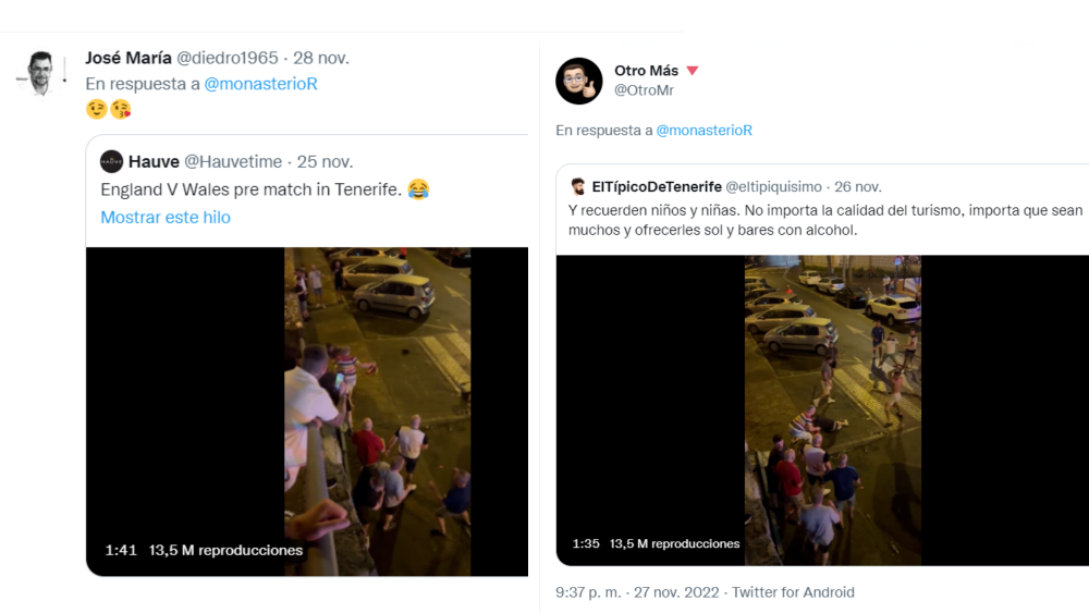 Tuits respondiendo a Rocío Monasterio con el vídeo de los altercados en Tenerife entre ingleses y galeses./ Montaje AH