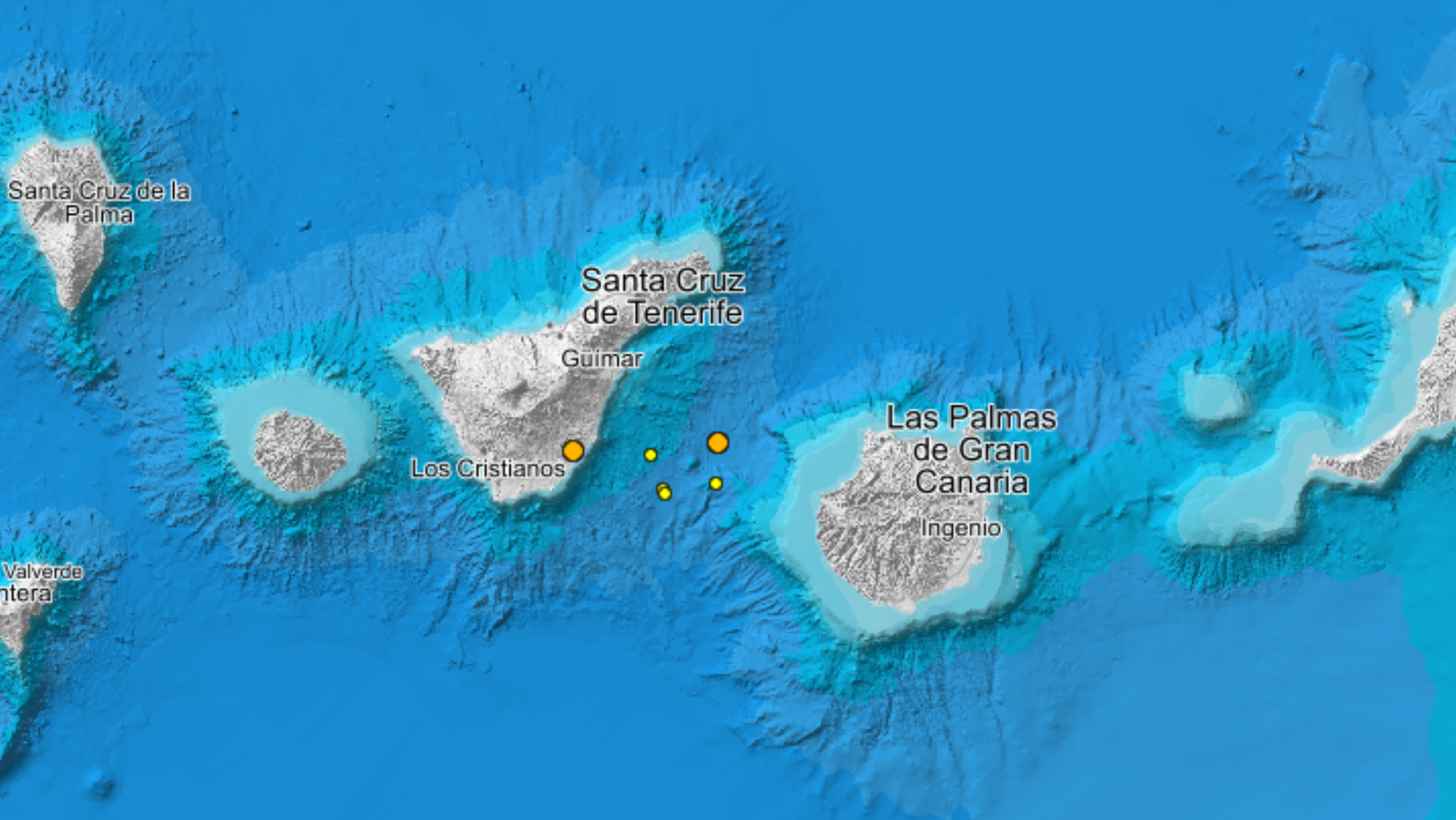 Epicentros de los últimos terremotos registrados entre Tenerife y Gran Canaria. / IGN