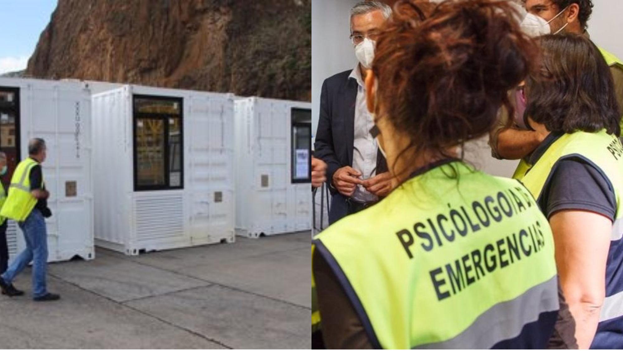 Imagen de las actuales viviendas modulares y una psicóloga durante la erupción. / Europa Press
