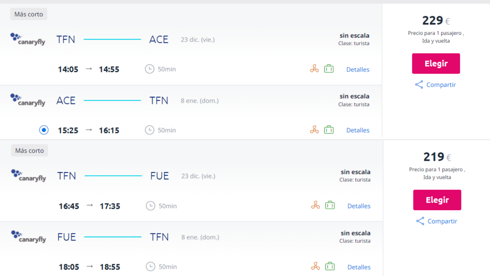Coste con Canary Fly de viajar esta navidad a Lanzarote (arriba) y a Fuerteventura (abajo) desde Tenerife Norte./ eSky Coste con Canary Fly de viajar esta navidad a Lanzarote (arriba) y a Fuerteventura (abajo) desde Tenerife Norte./ eSky