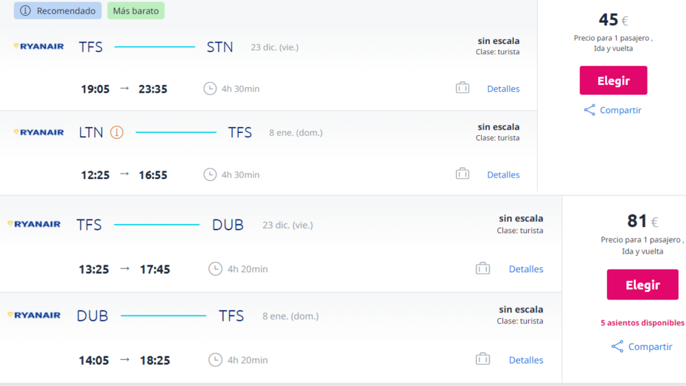 Coste de viajar esta navidad a Londres (arriba) y Dublín (abajo) desde Tenerife Sur./ eSky Coste de viajar esta navidad a Londres (arriba) y Dublín (abajo) desde Tenerife Sur./ eSky