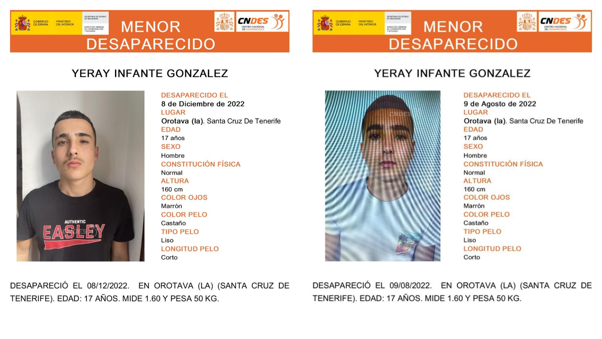 Yeray Infante González, menor desaparecido por segunda vez en La Orotava en cuatro meses./ CNDES