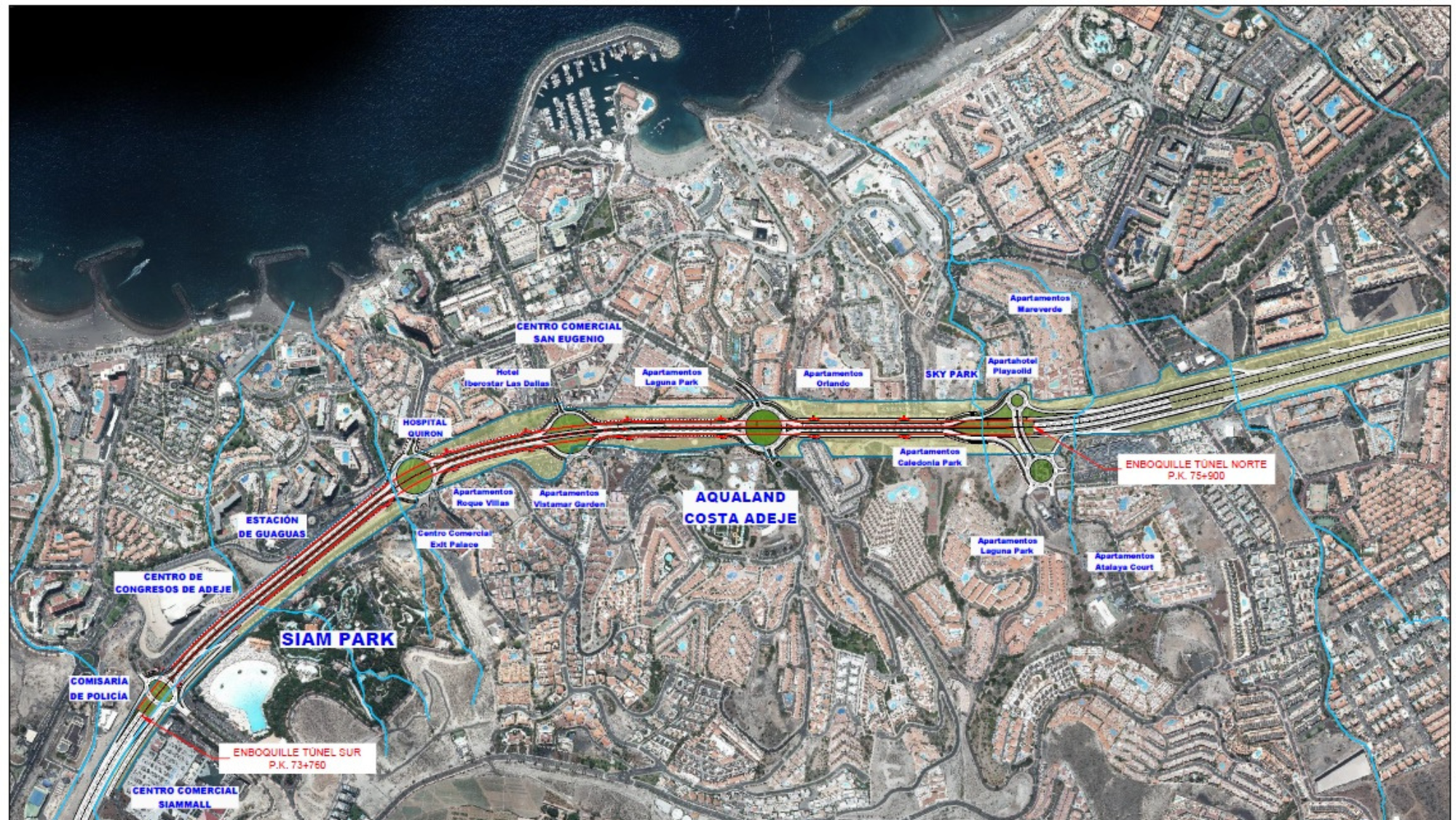 Tramo donde se ejecutará el falso túnel entre Fañabé y Las Américas./ GOBCAN Tramo donde se ejecutará el falso túnel entre Fañabé y Las Américas./ GOBCAN