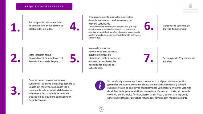 Requisitos generales para poder presentar la Renta Canaria de Ciudadanía. /Gobierno de Canarias