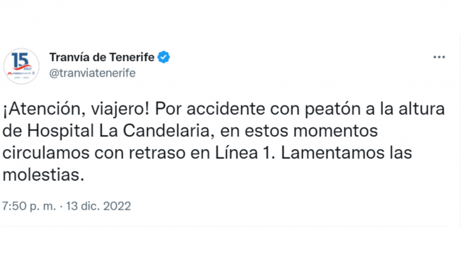 La página de Tranvía de Tenerife en Twitter informando del suceso. / Twitter La página de Tranvía de Tenerife en Twitter informando del suceso. / Twitter