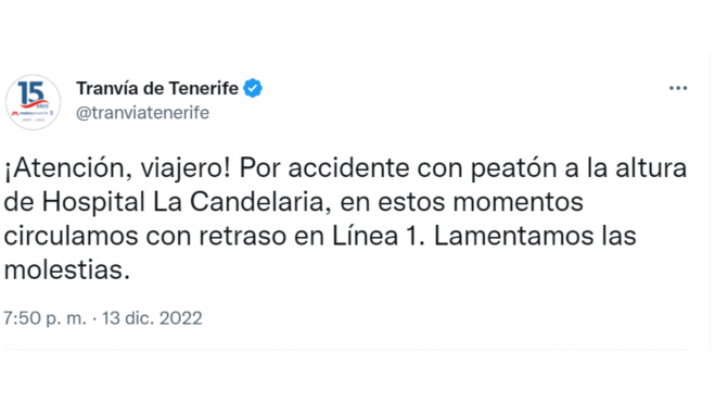 La página de Tranvía de Tenerife en Twitter informando del suceso. / Twitter 