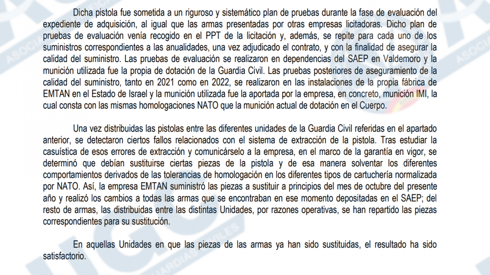 Extracto del informe de la Dirección General de la Guardia Civil difundido por AUGC sobre las pistolas Ramon./ AUGC Extracto del informe de la Dirección General de la Guardia Civil difundido por AUGC sobre las pistolas Ramon./ AUGC
