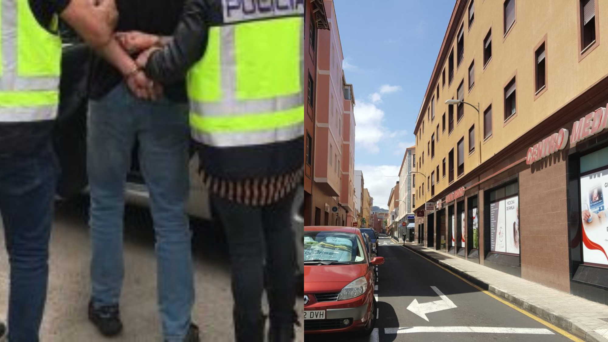 Una imagen de archivo de un detenido por la Policía Nacional y la calle Baltasar Núñez de La Laguna, donde sucedieron los hechos./ Montaje AH