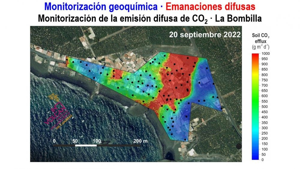 Mapa de emanación de gases en Puerto Naos y La Bombilla./ Involcan