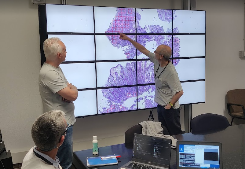 Eduardo Salido, patólogo del HUC, examina los resultados del análisis junto a Carlos Luque, ingeniero informático del IAC, y Carlos Westendorp, astrofísico del IAC./ IAC
