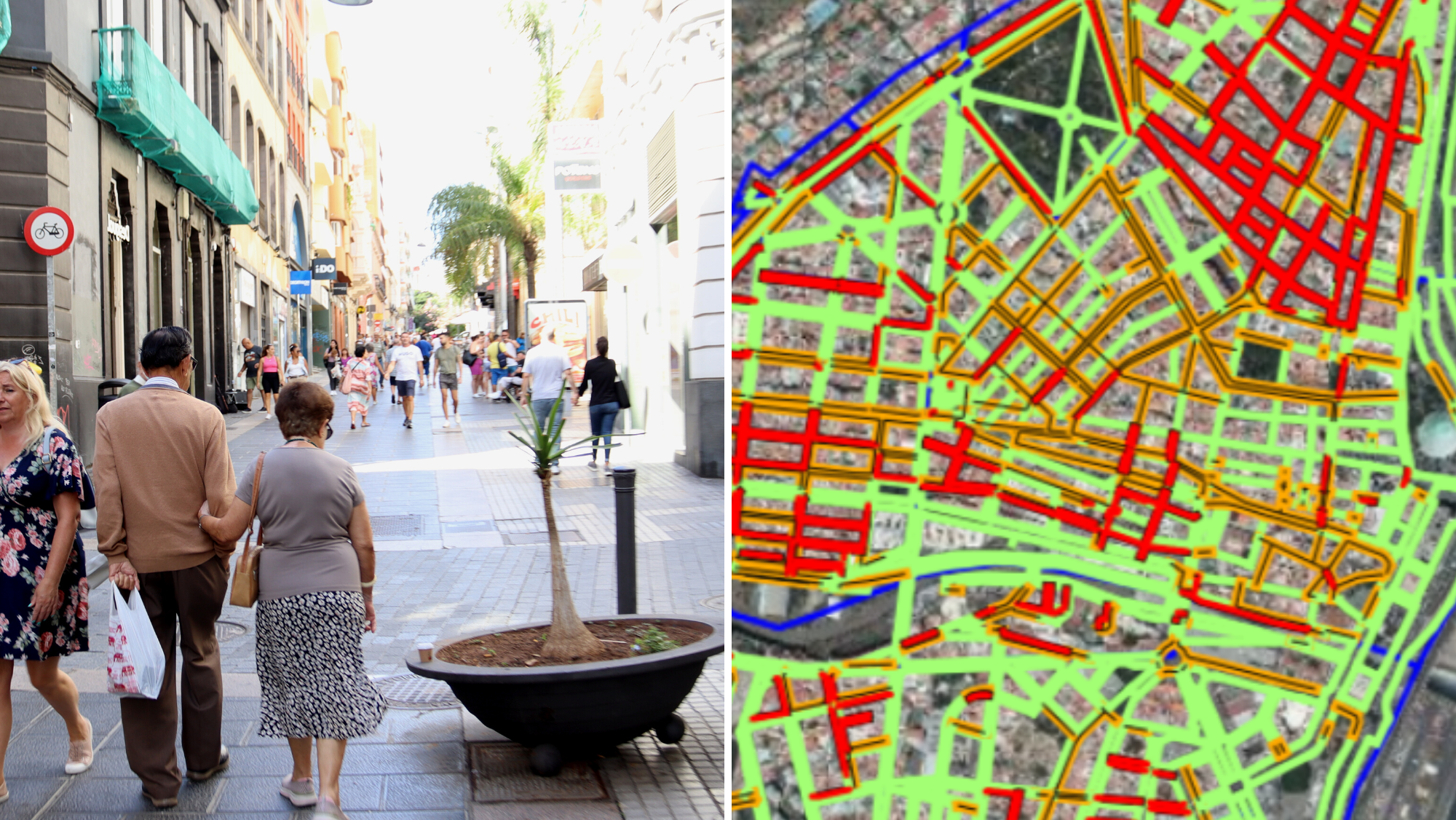 Una calle de Santa Cruz de Tenerife y la representación de la capital tinerfeña en el Mapa de Accesibilidad de Tenerife. / Atlántico Hoy