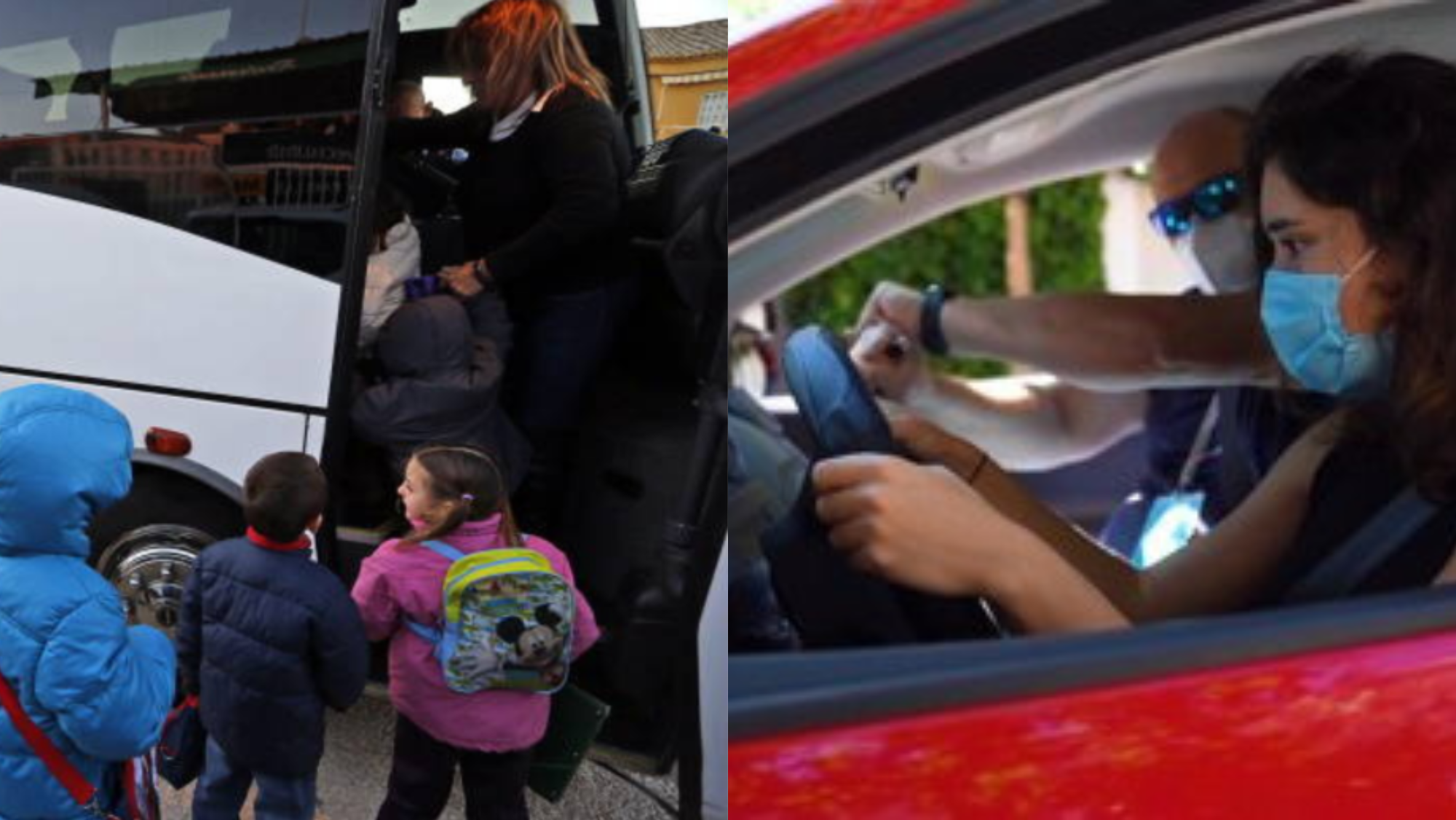 Imagen de una guagua escolar junto a un coche de autoescuela. / Montaje AH