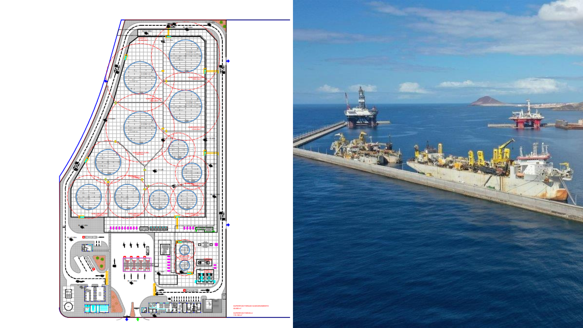 A la izquierda, imagen del plano del proyecto de almacenamiento de combustibles de Cepsa, a la derecha, el Puerto de Granadilla.  Proyecto  Europa Press