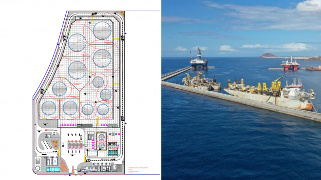 A la izquierda, imagen del plano del proyecto de almacenamiento de combustibles de Cepsa, a la derecha, el Puerto de Granadilla.ProyectoEuropa Press