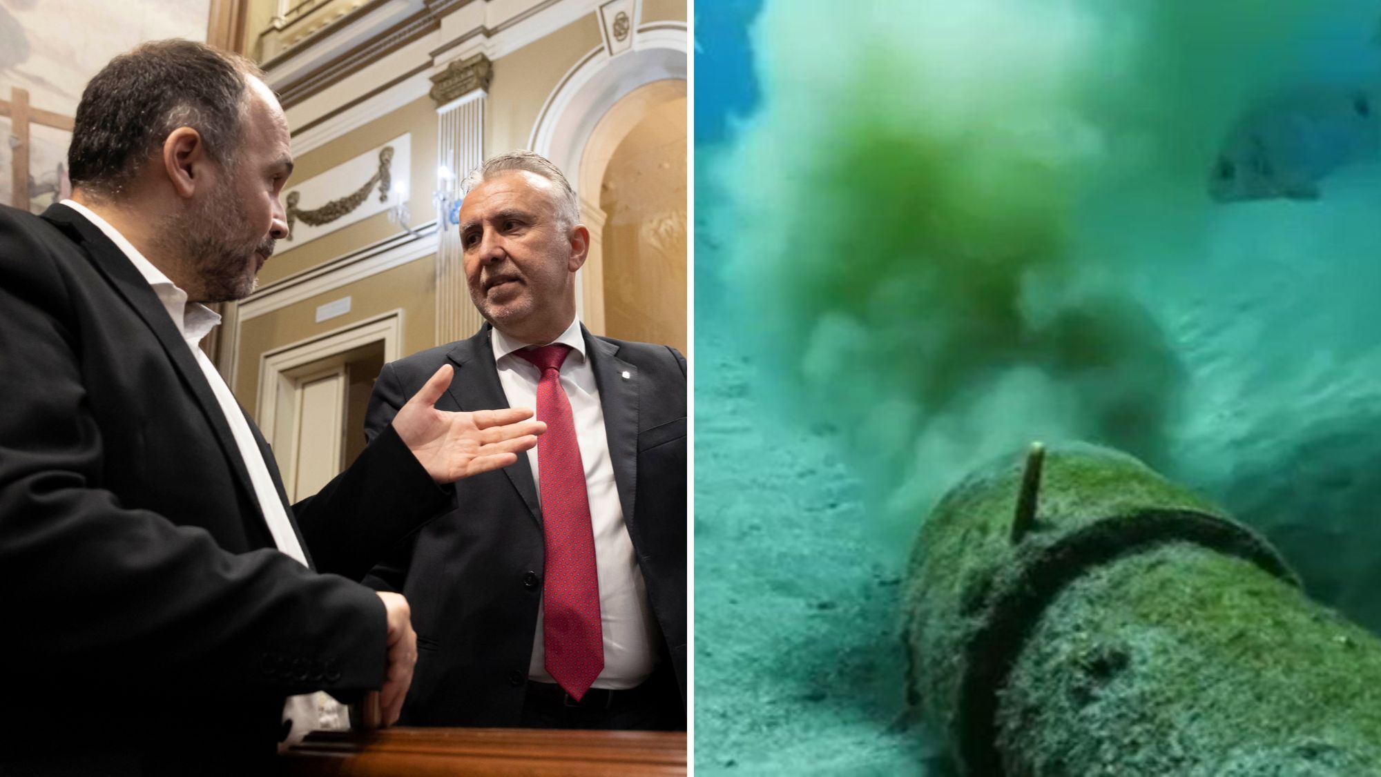 El consejero de Transición Ecológica, José Antonio Valbuena, habla con el presidente del Gobierno de Canarias, Ángel Víctor Torres. Al otro lado, un emisario submarino en Tenerife. / AH