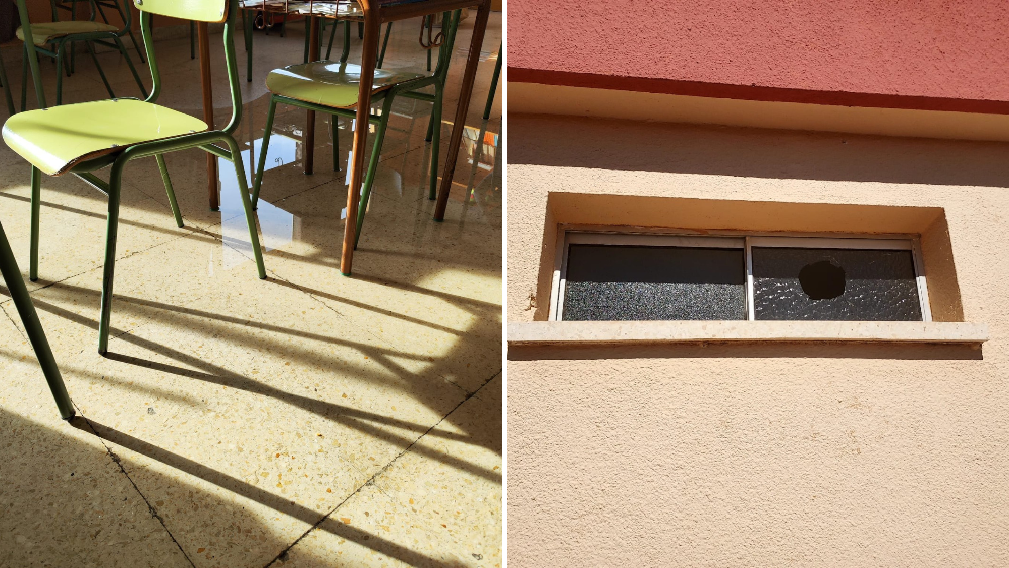 Un charco en una clase y ventanas rotas en el CEIP Granadilla de Abona./ Cedida